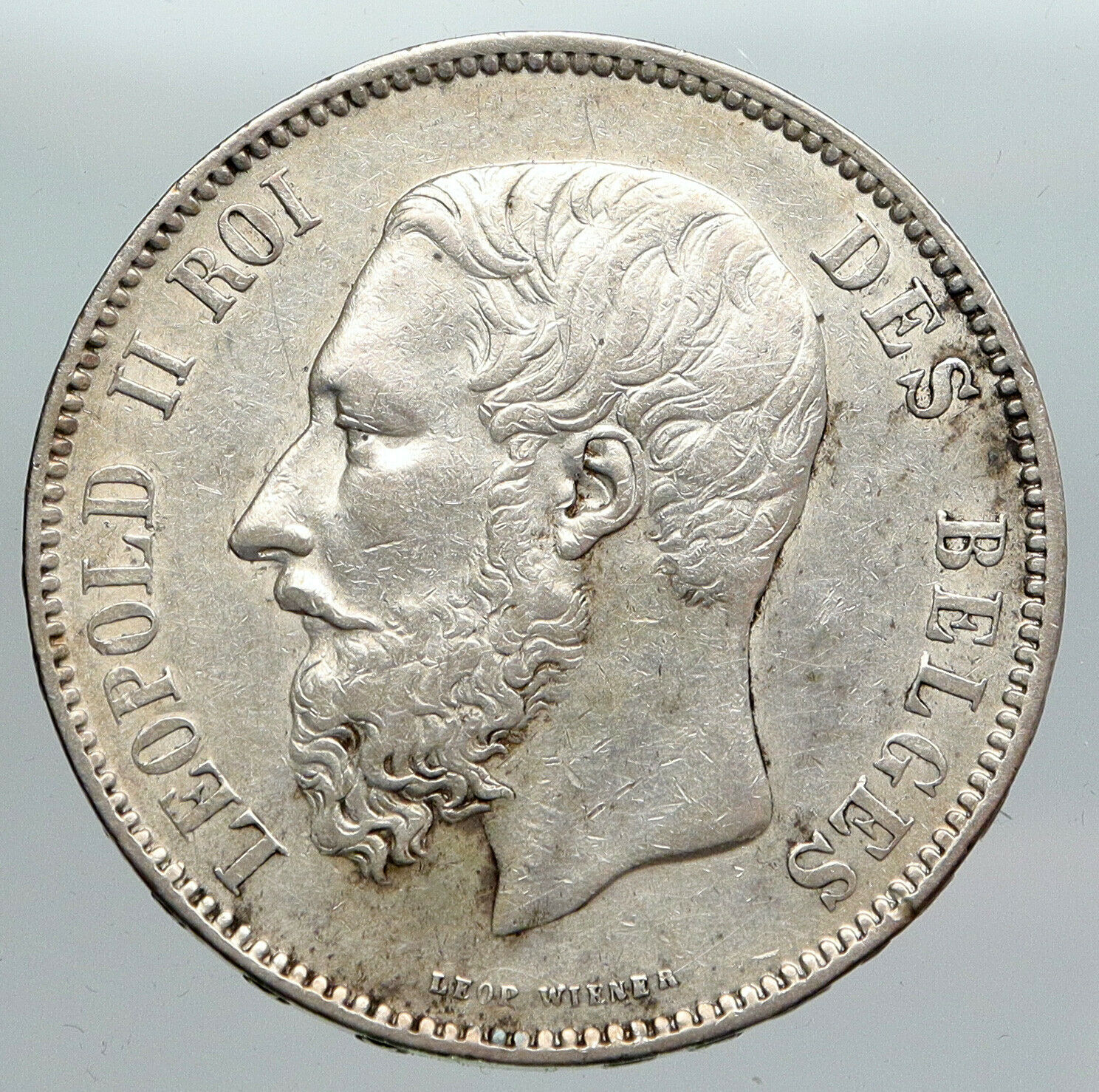 1873 BELGIUM with King LEOPOLD II and LION Genuine Silver 5 Francs Coin i90571