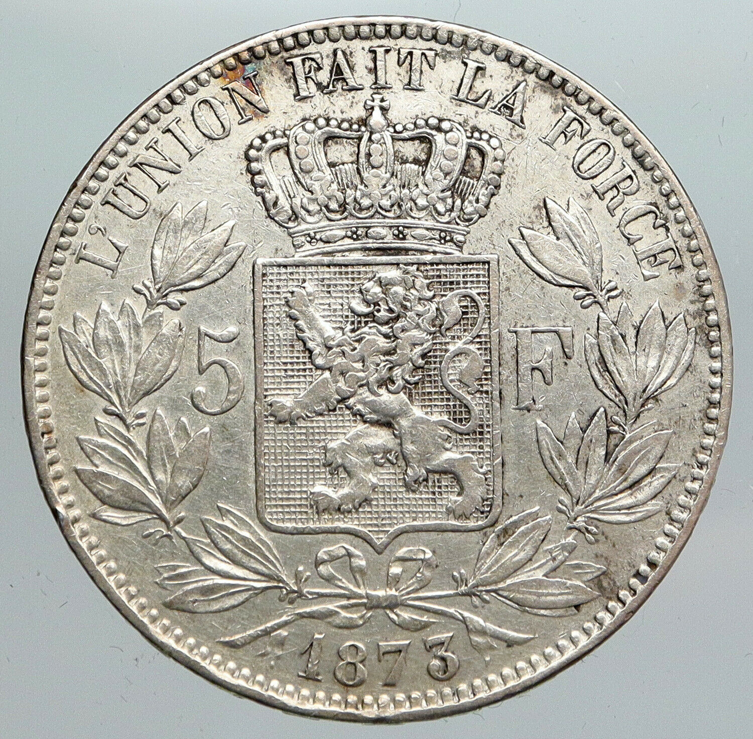 1873 BELGIUM with King LEOPOLD II and LION Genuine Silver 5 Francs Coin i90571