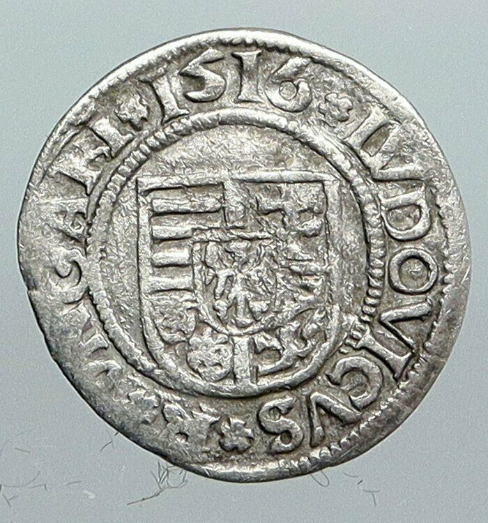 1516 KB HUNGARY King Ludwig II (Louis II) ANTIQUE Old Silver Denier Coin i90556