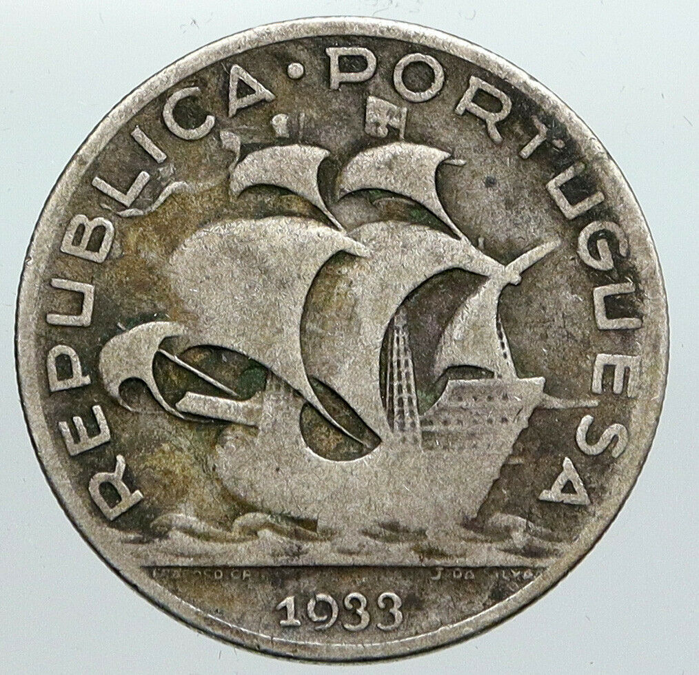 1933 PORTUGAL with PORTUGUESE SAILING SHIP Vintage Silver 5 Escudos Coin i90570