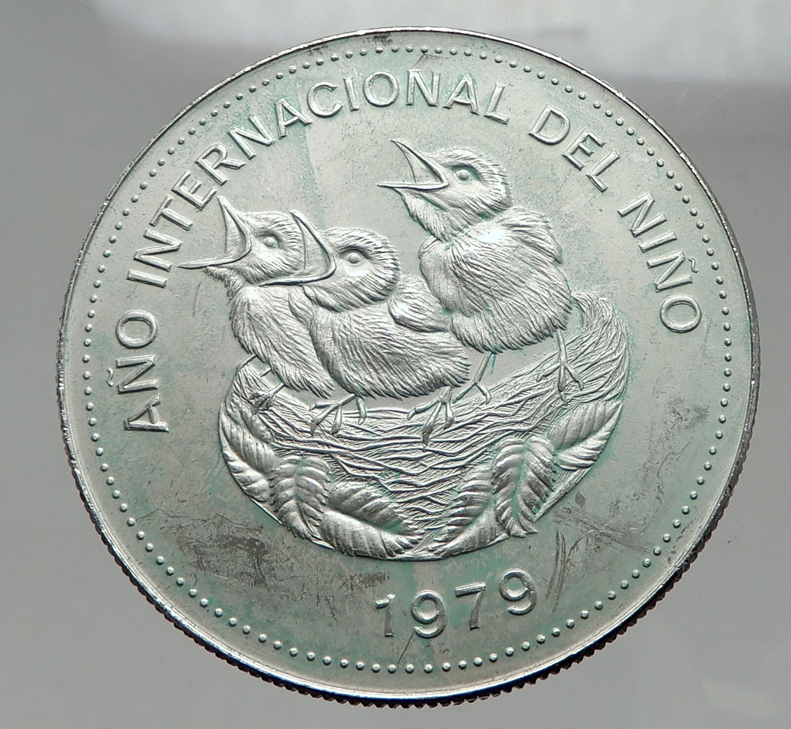 1979 COSTA RICA International Year of Children LARGE Silver Coin w BIRDS i63021