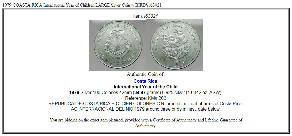 1979 COSTA RICA International Year of Children LARGE Silver Coin w BIRDS i63021