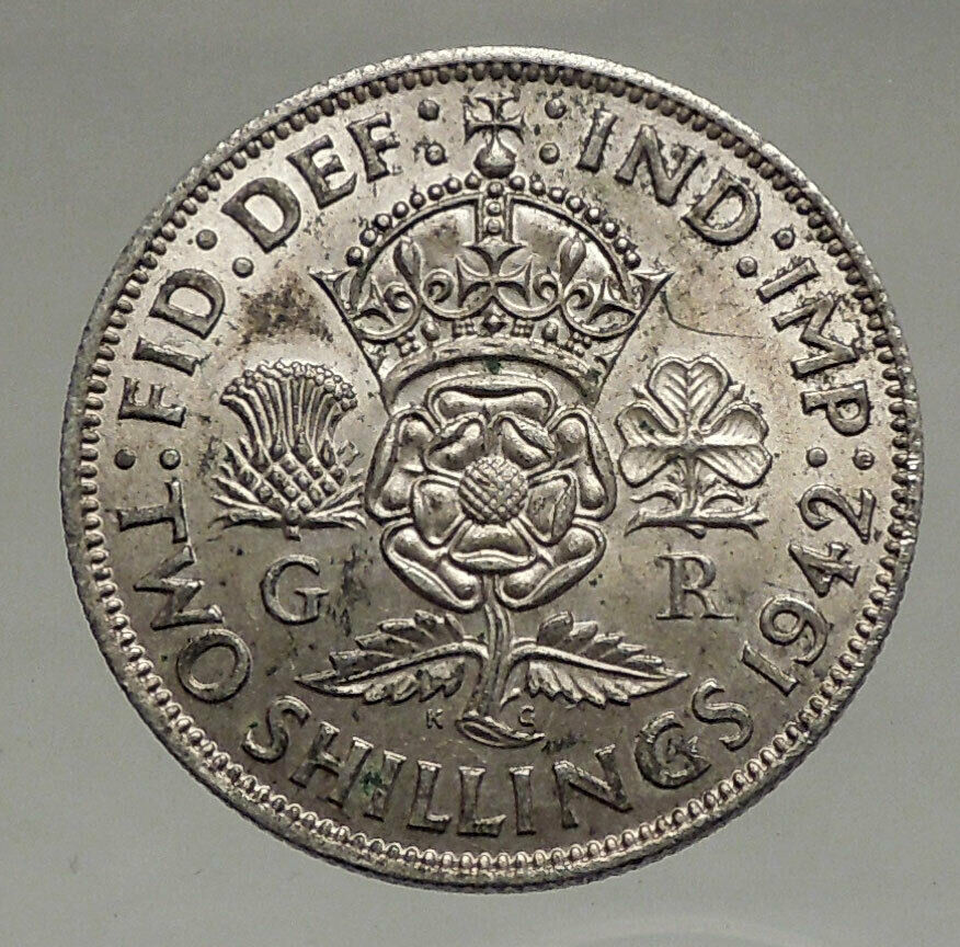 1942 United Kingdom UK Great Britain GEORGE VI w Crown Silver Florin Coin i56659