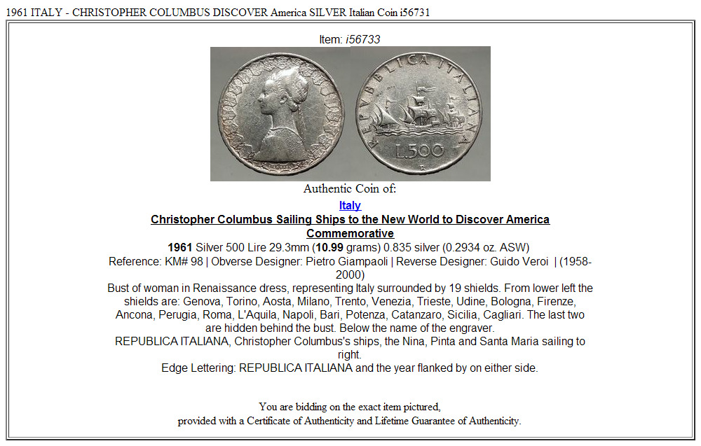 1961 ITALY - CHRISTOPHER COLUMBUS DISCOVER America SILVER Italian Coin i56731