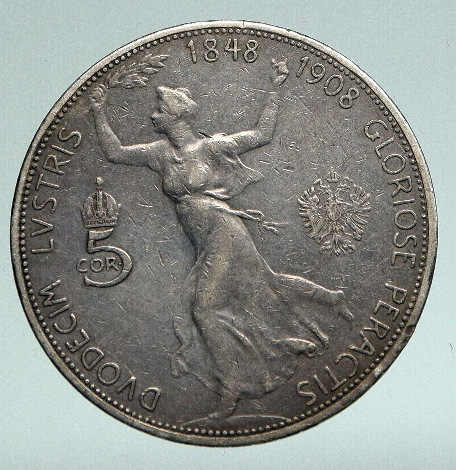 1908 AUSTRIA w King FRANZ JOSEPH I Austrian Silver Antique 5 Corona Coin i90927