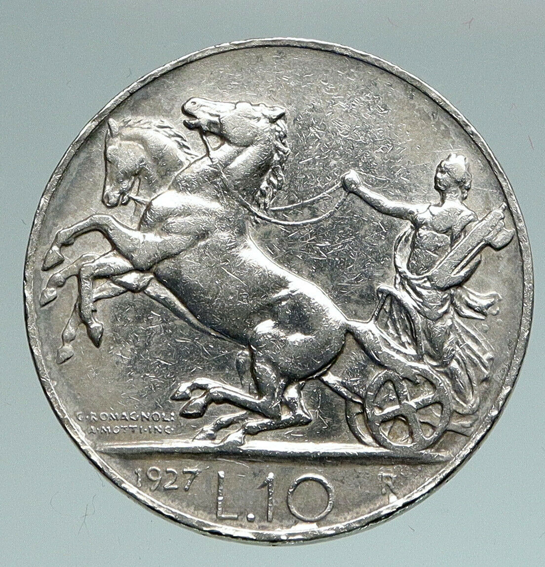 1927 ITALY King Victor Emmanuel III HORSES Silver Italian 10 Lire Coin i90930