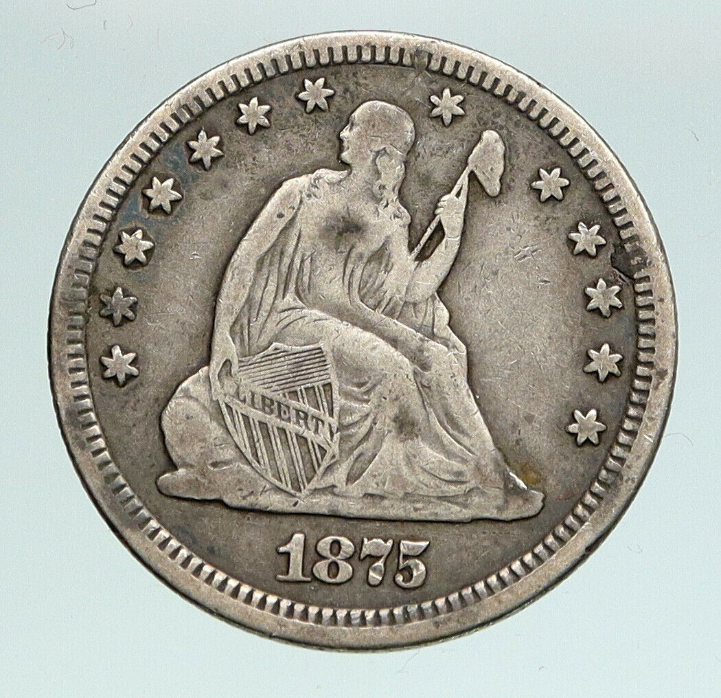 1875 UNITED STATES US Silver SEATED LIBERTY Quarter Dollar Coin w EAGLE i90915