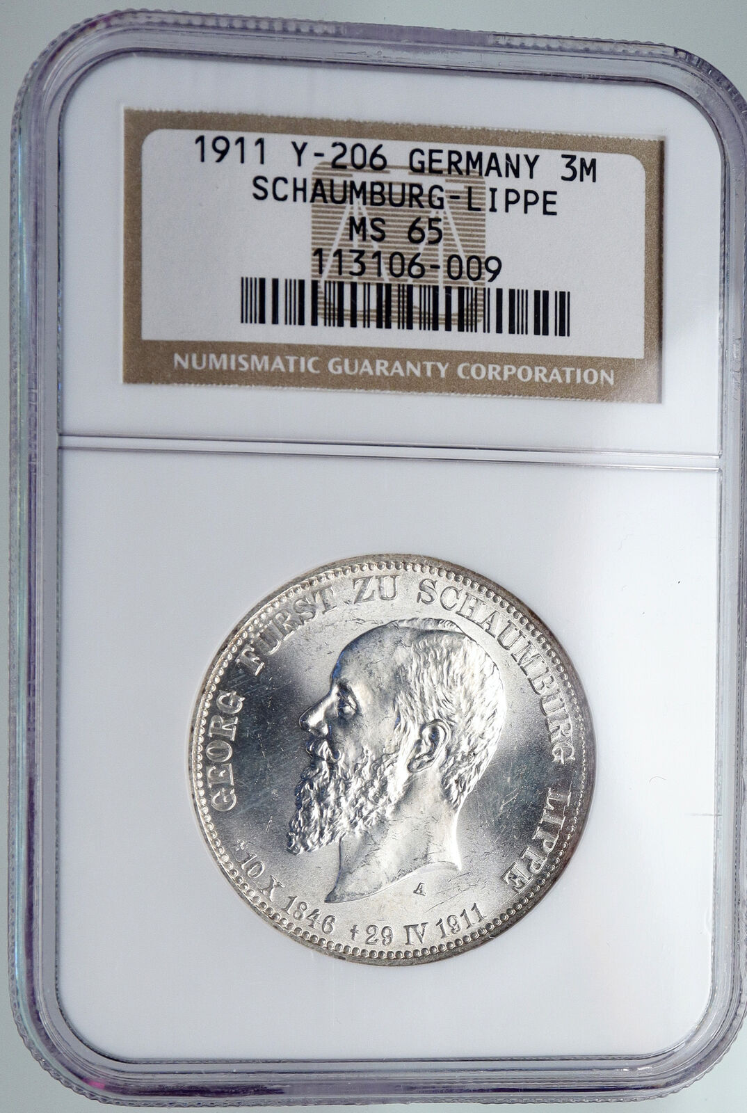 1911 A GERMAN STATES Schaumburg-Lippe Prince George Silver 3Mark NGC Coin i91319