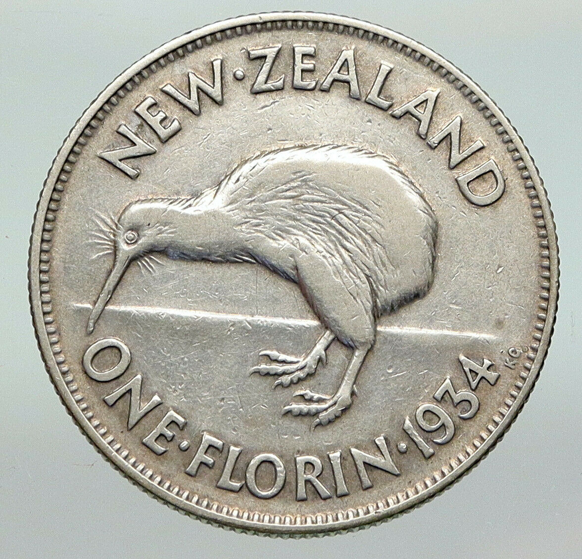 1934 NEW ZEALAND under UK King George V w KIWI BIRD Silver Florin Coin i91196