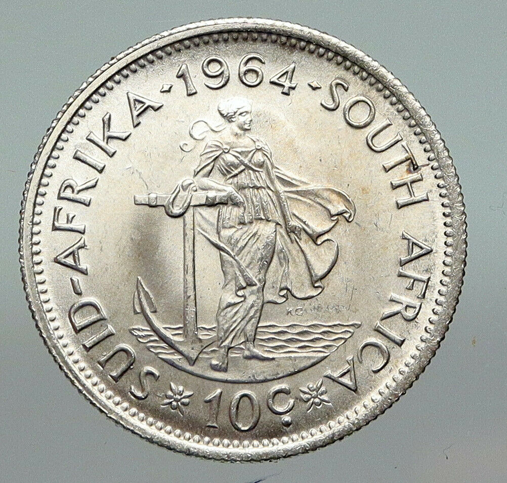 1964 SOUTH AFRICA Jan van Riebeeck Woman Anchor OLD Silver 10 Cents Coin i91197