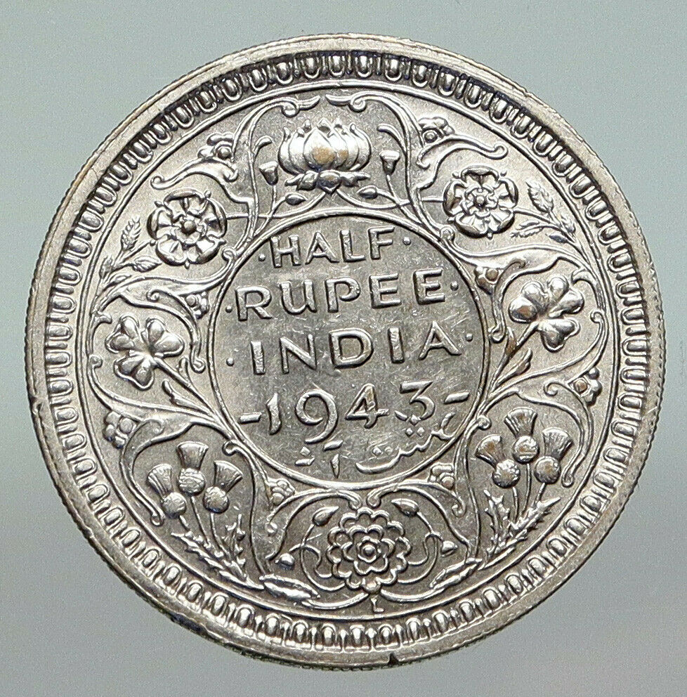 1943L INDIA States UK King George VI ANTIQUE Silver 1/2 RUPEE Indian Coin i91212