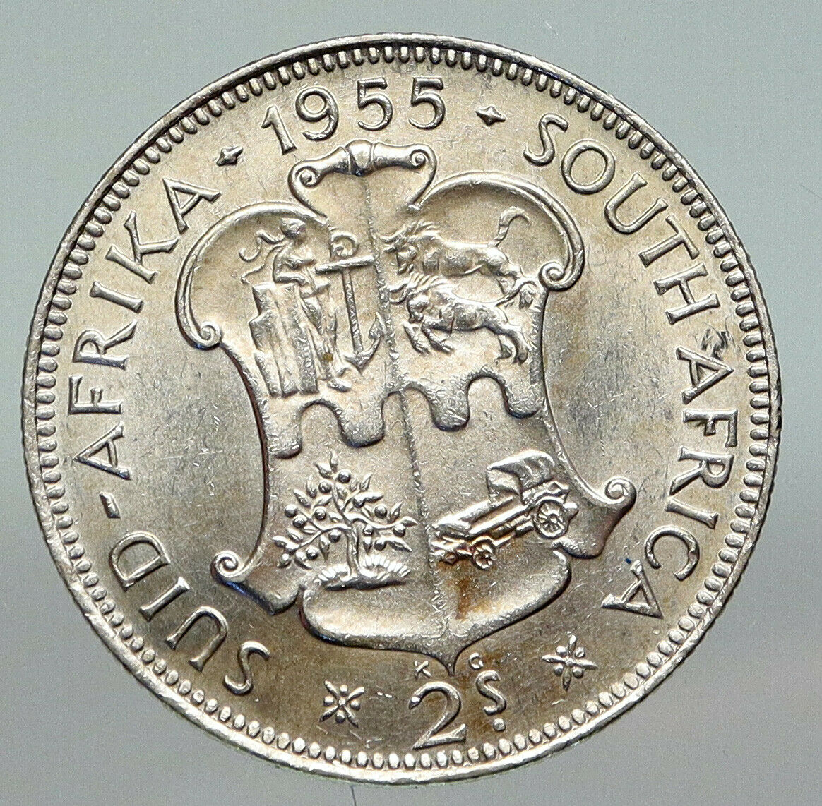 1955 SOUTH AFRICA Old Queen Elizabeth II VINTAGE Silver 2 Shilling Coin i91215