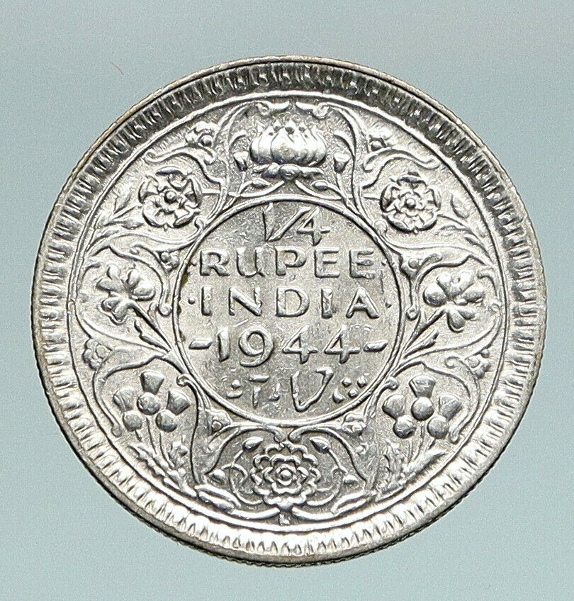 1944L INDIA UK States King George VI Genuine Silver 1/4 Rupee Indian Coin i91045