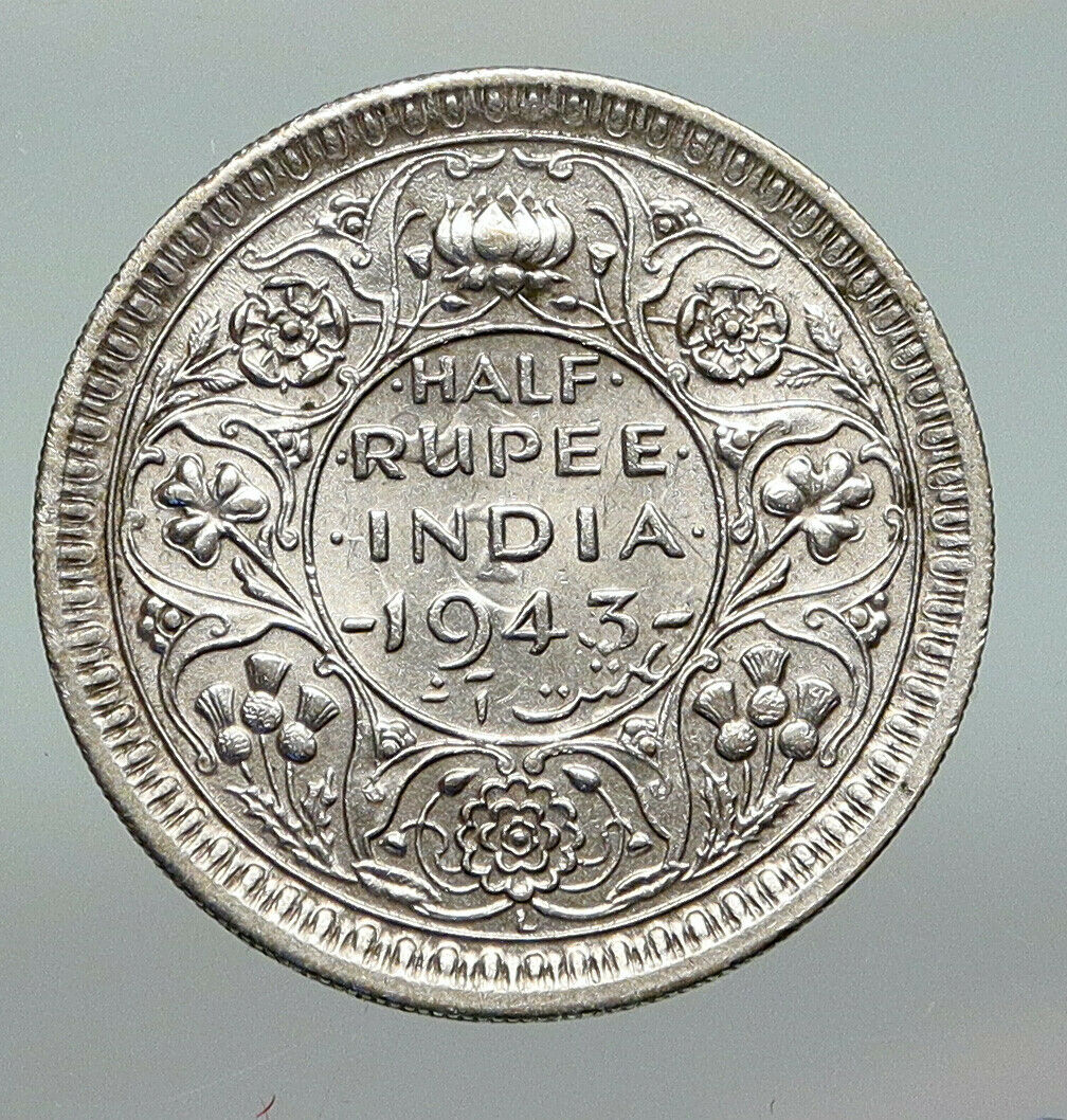 1943L INDIA States UK King George VI ANTIQUE Silver 1/2 RUPEE Indian Coin i91217