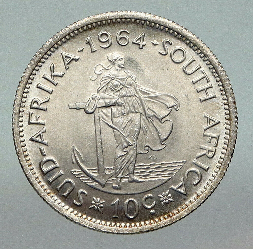 1964 SOUTH AFRICA Jan van Riebeeck Woman Anchor OLD Silver 10 Cents Coin i91216