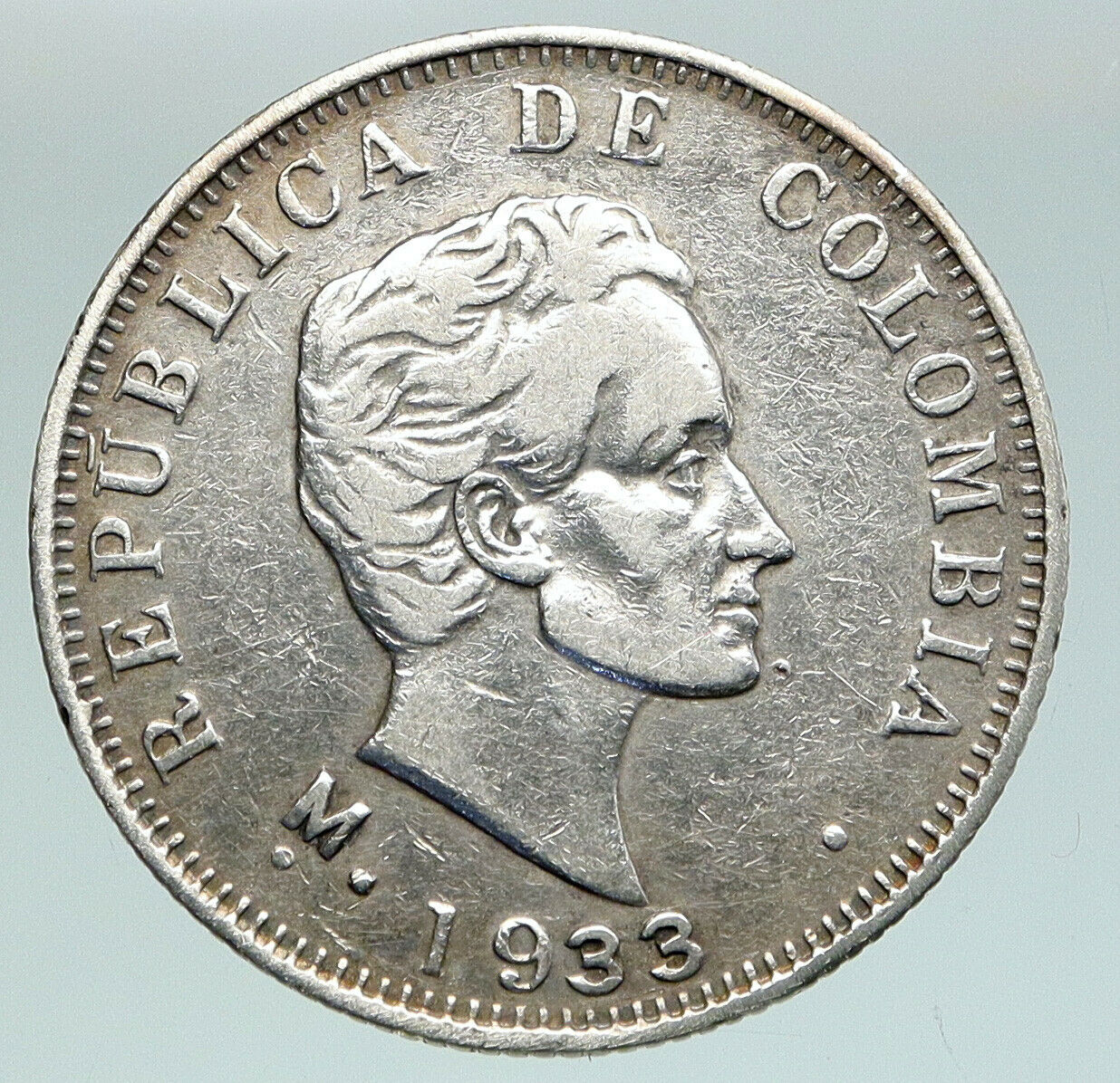 1933 COLUMBIA Simon Bolivar Eagle Shield ANTIQUE Silver 50 Centavos Coin i91058