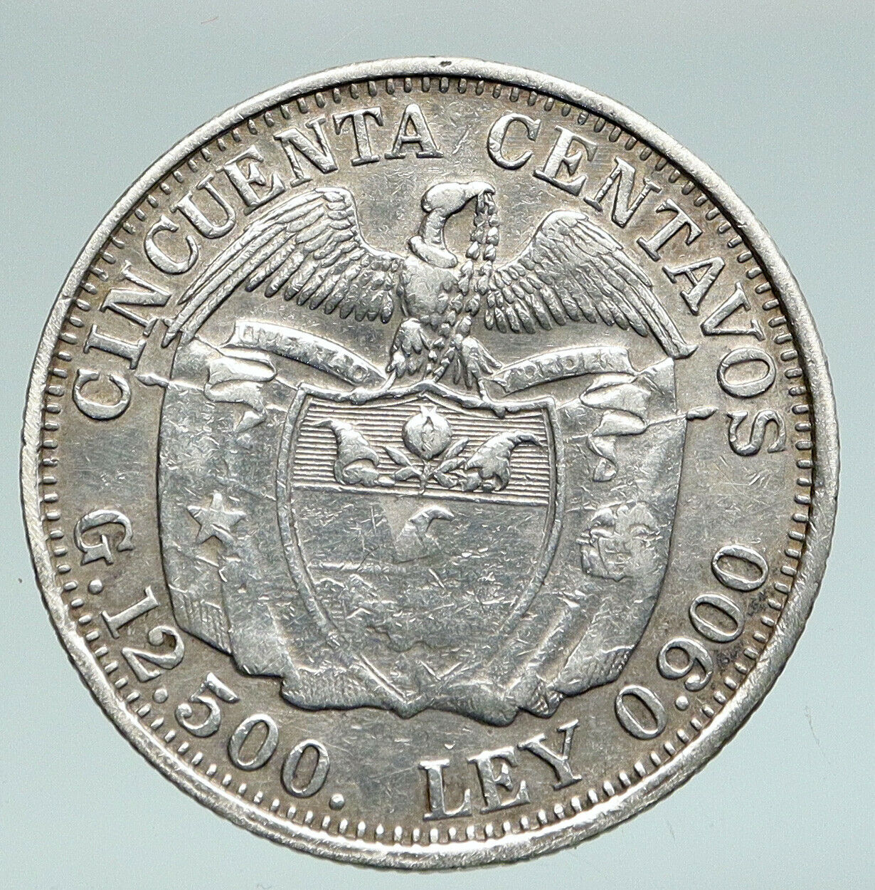 1933 COLUMBIA Simon Bolivar Eagle Shield ANTIQUE Silver 50 Centavos Coin i91058