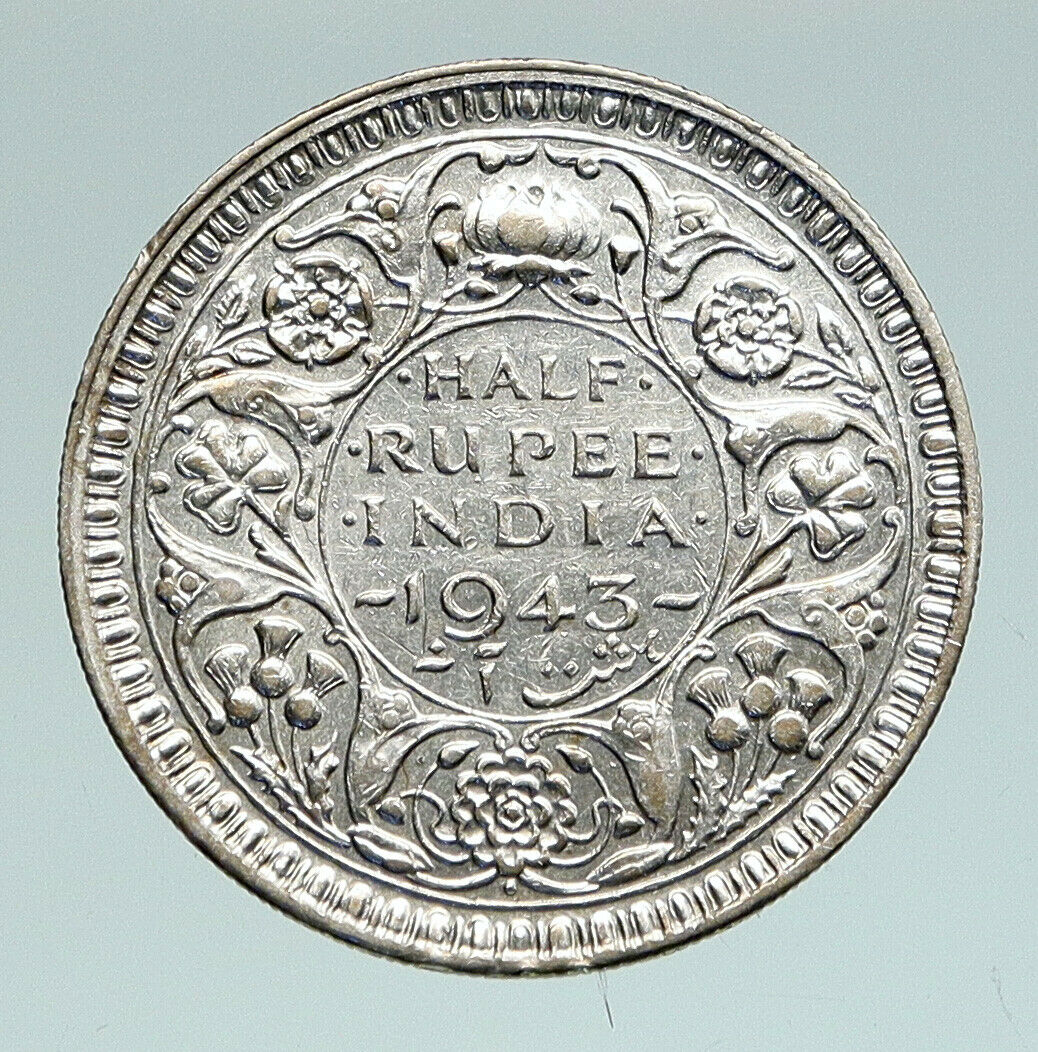 1943 B INDIA States UK George VI Antique OLD Silver 1/2 RUPEE Indian Coin i91043