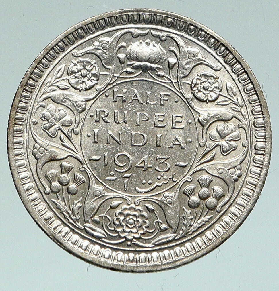 1943 B INDIA States UK George VI Antique OLD Silver 1/2 RUPEE Indian Coin i91032