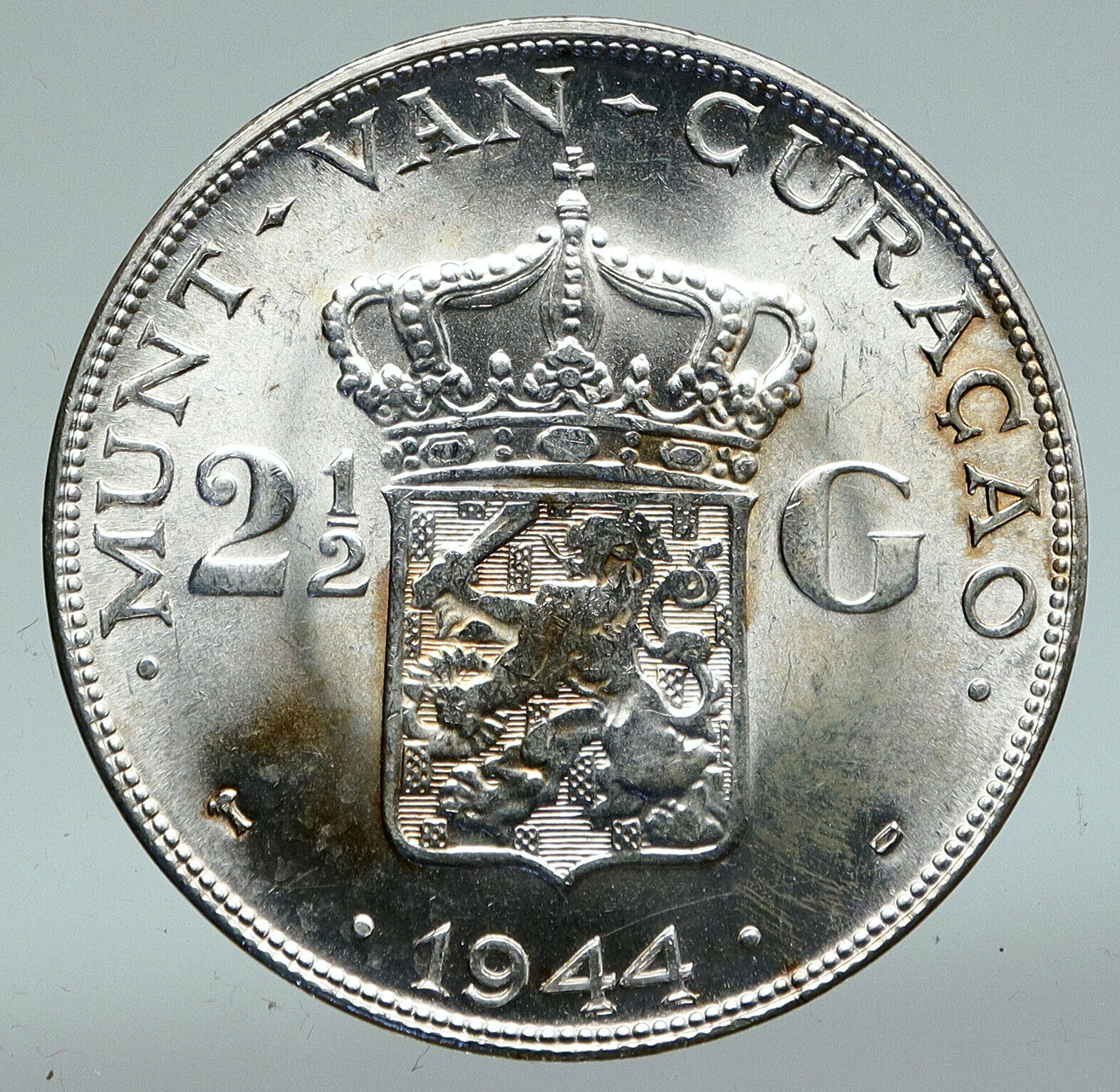 1944 CURACAO Netherlands Kingdom WILHELMINA Old Silver 2 1/2 Gulden Coin i91031