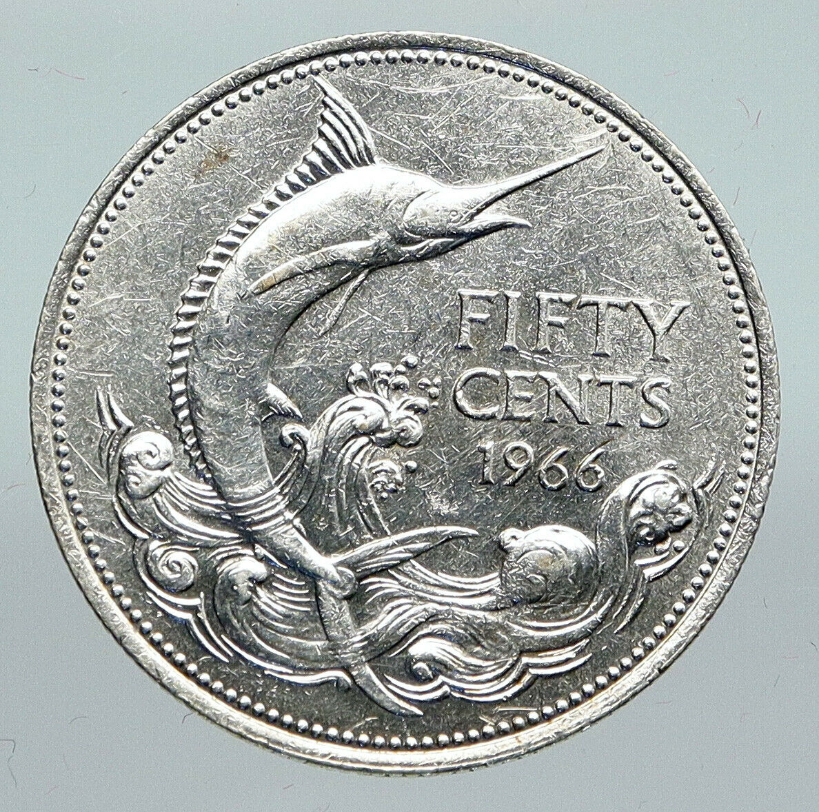 1966 BAHAMAS UK Queen Elizabeth II and Marlin FISH Silver Coin 50 Cents i91409