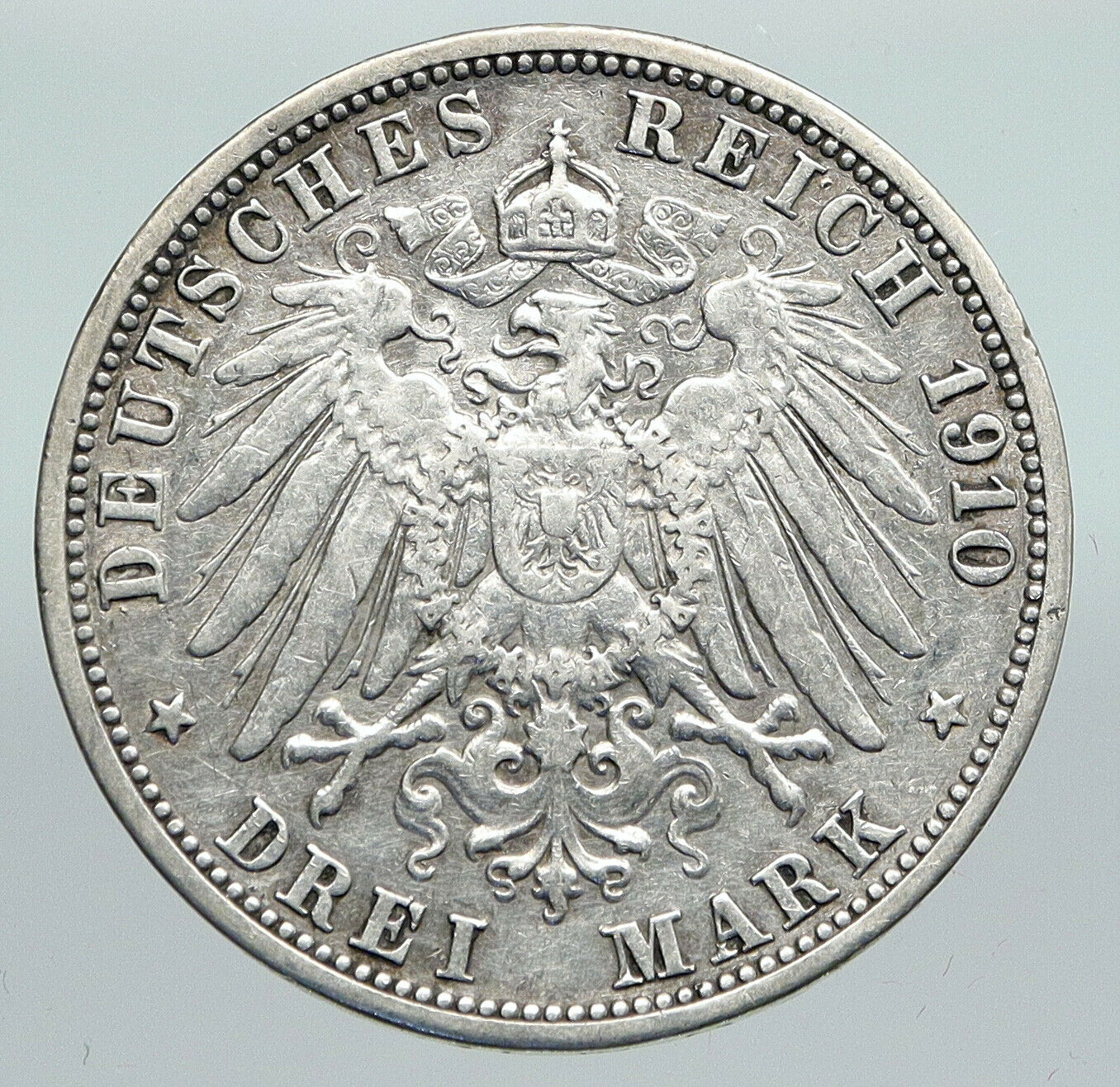 1910G Baden German State KING FREDERICK II Eagle Crown SILVER 3 Mark Coin i91406