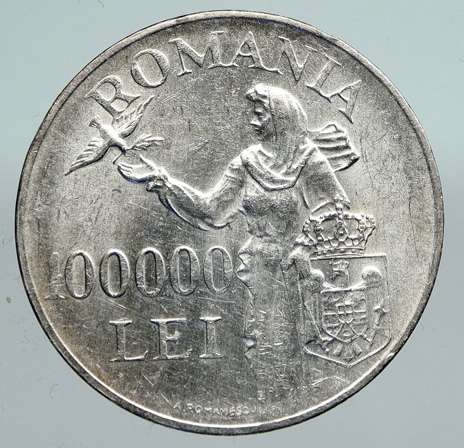 1946 ROMANIA Michael I Romanian Lady Bird Antique Silver 100000 Lei Coin i91402