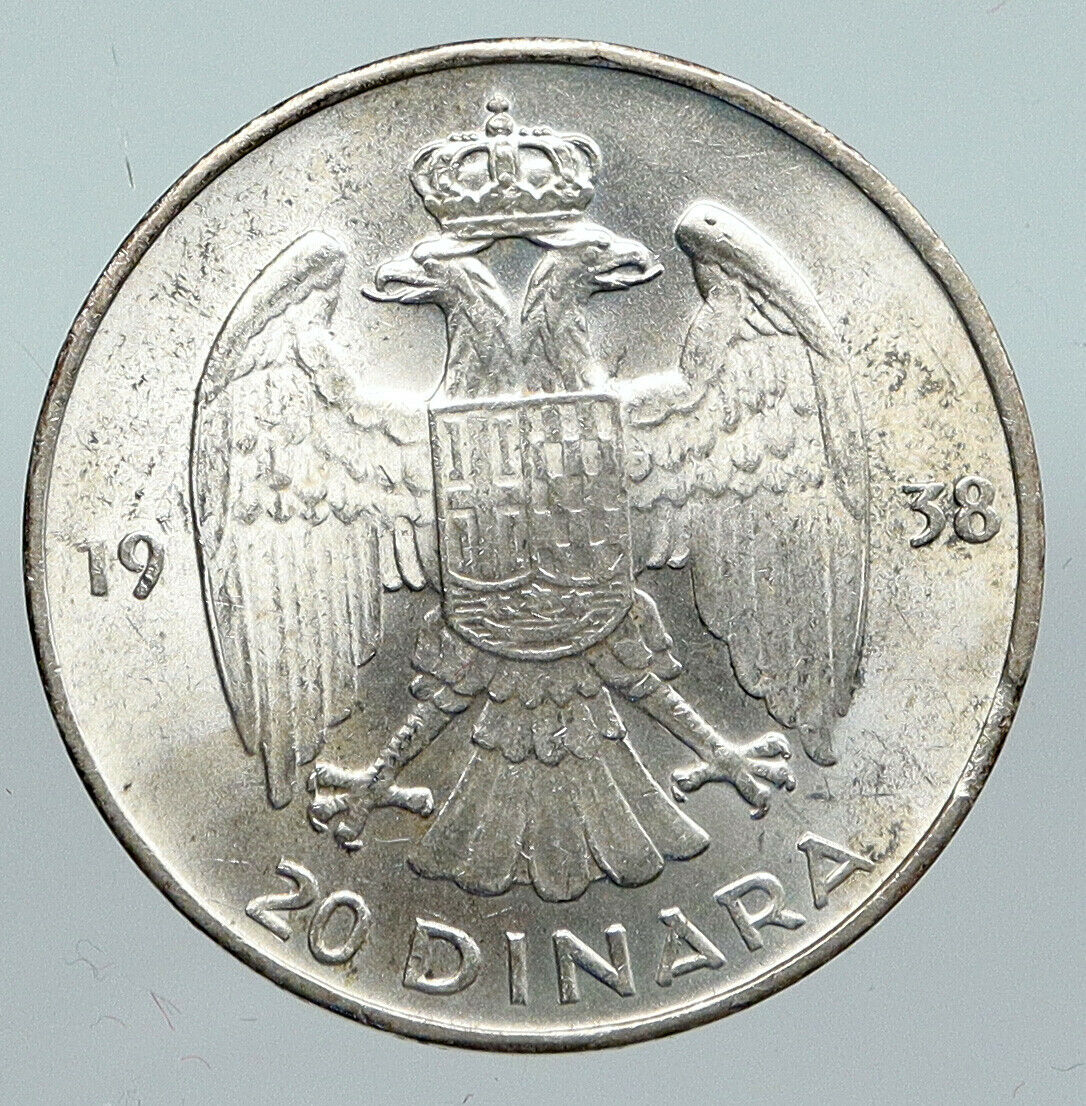 1938 YUGOSLAVIA King Peter II Eagle Antique VINTAGE Silver 20 Dinara Coin i91395