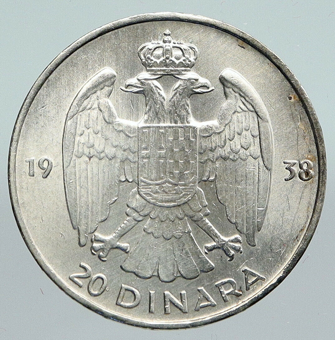 1938 YUGOSLAVIA King Peter II Eagle Antique VINTAGE Silver 20 Dinara Coin i91383