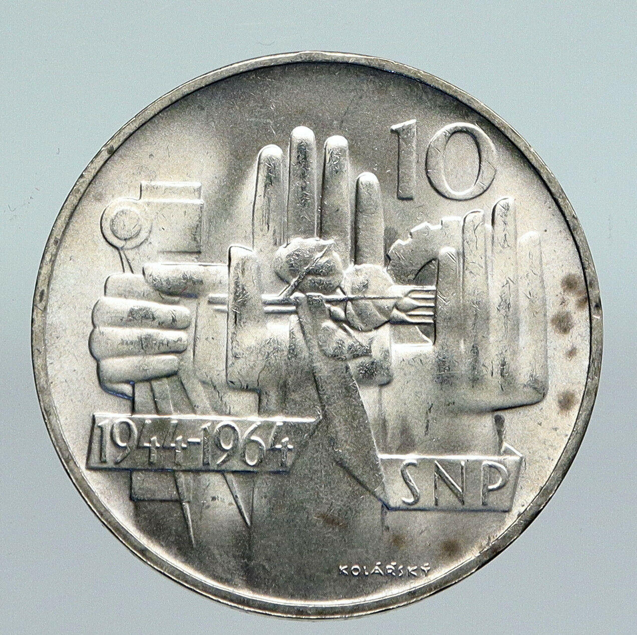 1964 CZECH REPUBLIC Three Hands Linden Old Genuine Silver 10 Korun Coin i91364