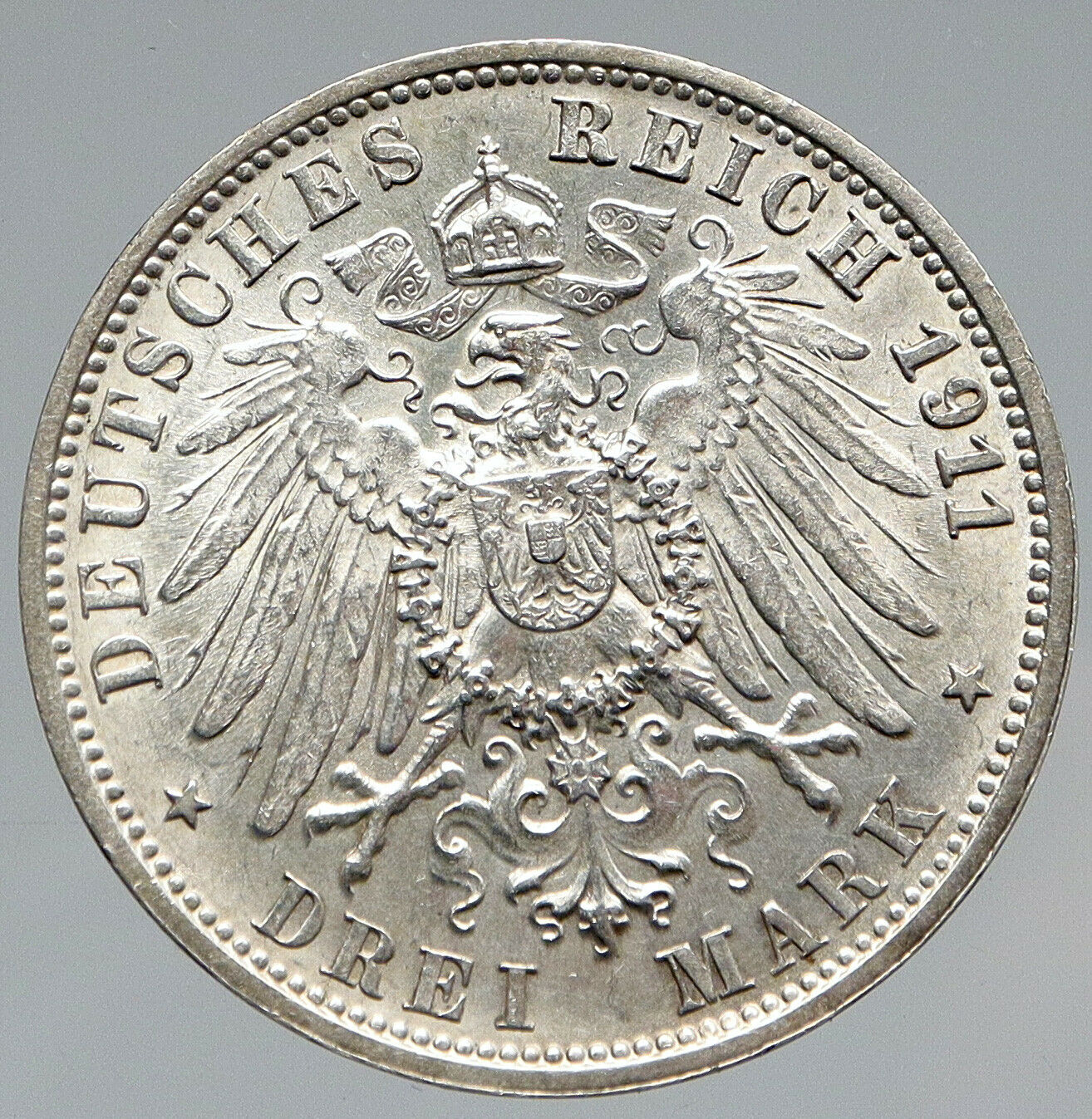 1911 F WURTTEMBERG KINGDOM Germany WILHELM II Wedding Silver 3 Mark Coin i91450