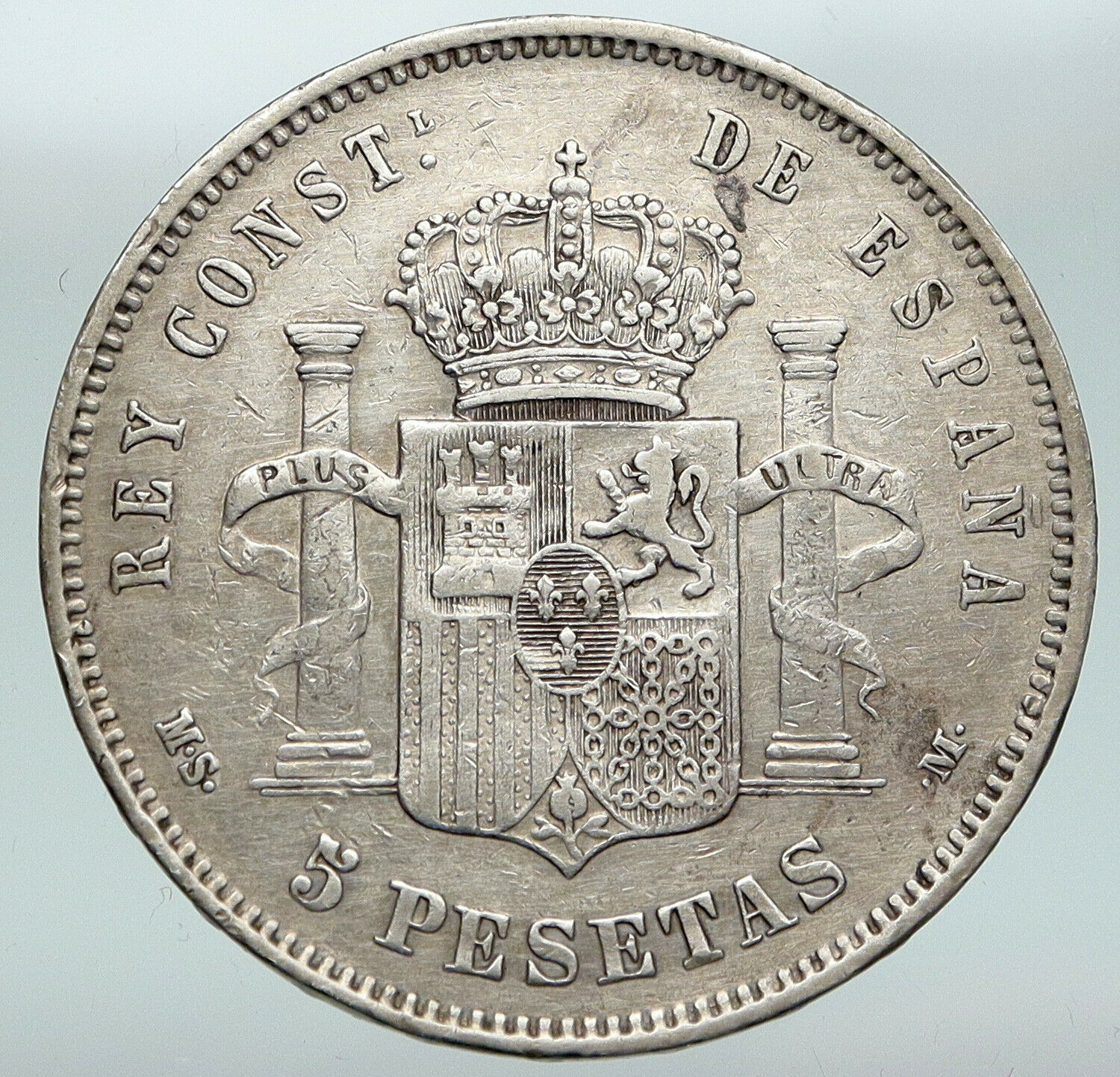 1884 SPAIN w King ALFONSO XII Antique Silver 5 Pesetas OLD SPANISH Coin i91417