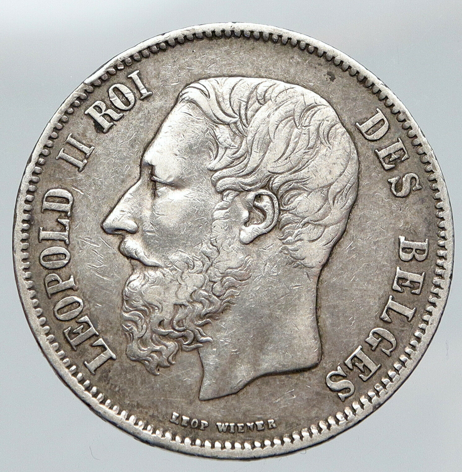 1869 BELGIUM with King LEOPOLD II and LION Antique Silver 5 Francs Coin i91433