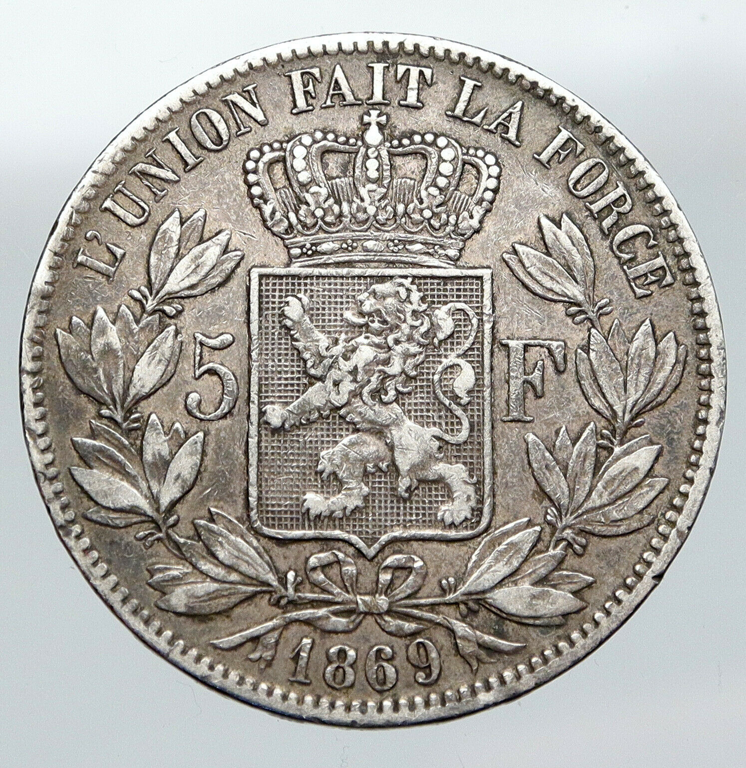 1869 BELGIUM with King LEOPOLD II and LION Antique Silver 5 Francs Coin i91433