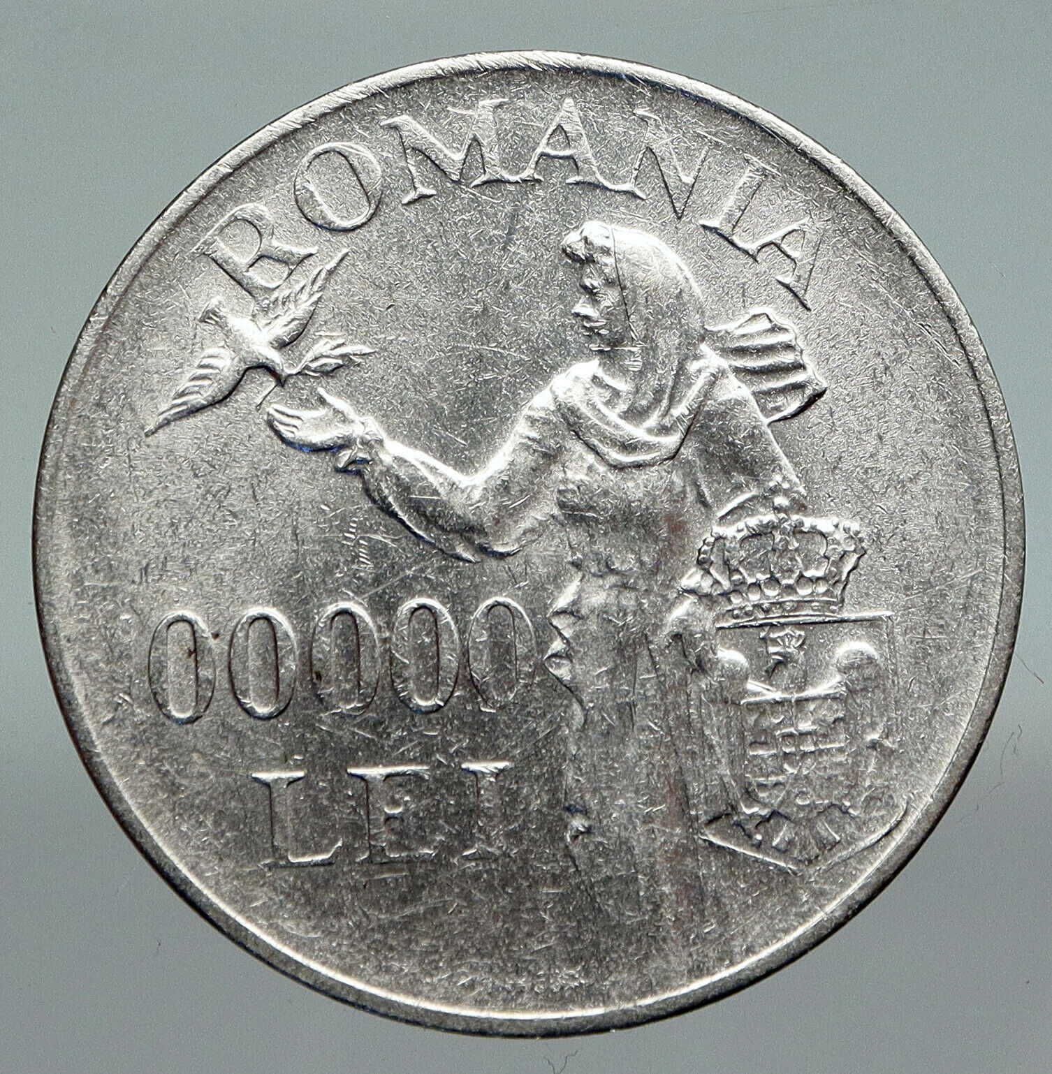 1946 ROMANIA Michael I Romanian Lady Bird Antique Silver 100000 Lei Coin i91425