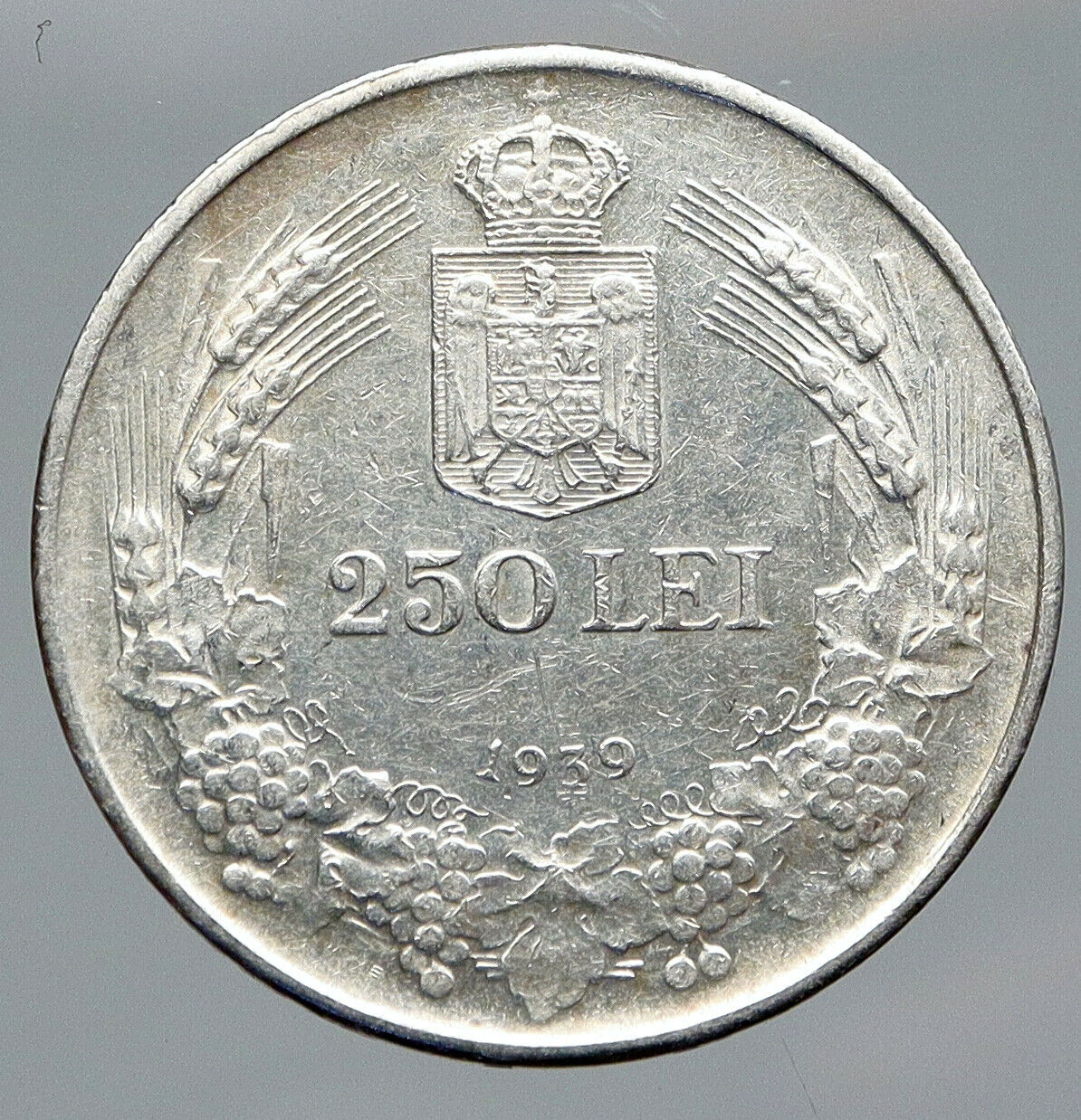 1939 ROMANIA King Carol II Shield VINTAGE Silver 250 Lei Romanian Coin i91437