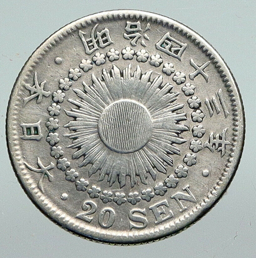 1910 JAPAN Emperor MEIJI Silver Antique Silver Old JAPANESE 20 Sen Coin i91300