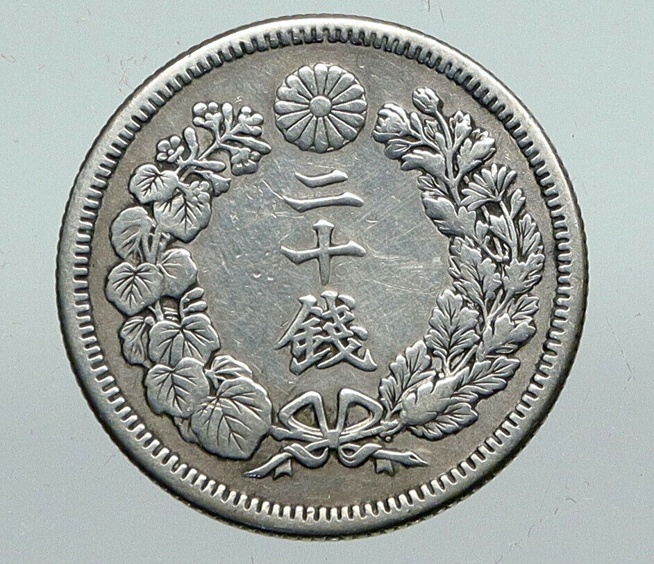 1910 JAPAN Emperor MEIJI Silver Antique Silver Old JAPANESE 20 Sen Coin i91300