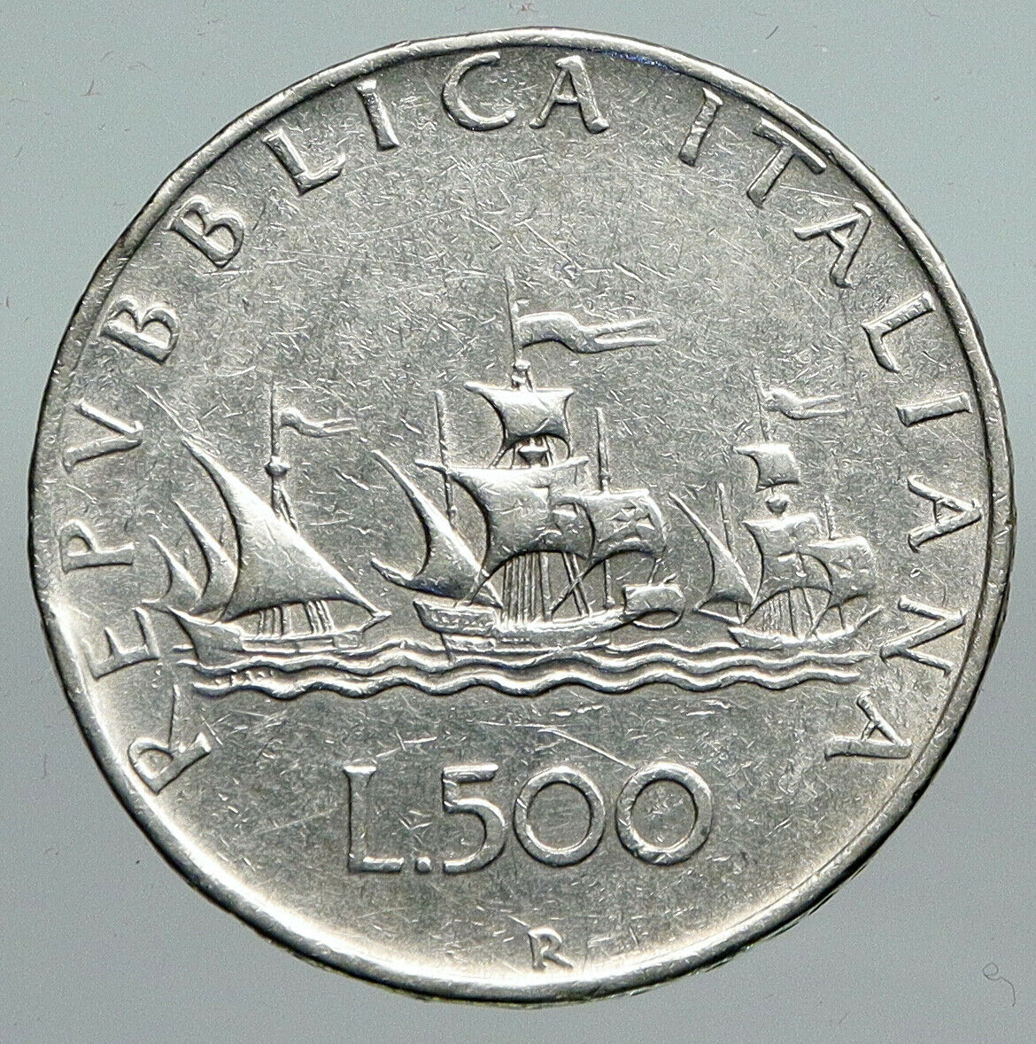 1966 ITALY CHRISTOPHER COLUMBUS Ship DISCOVER America SILVER 500Lire Coin i91302