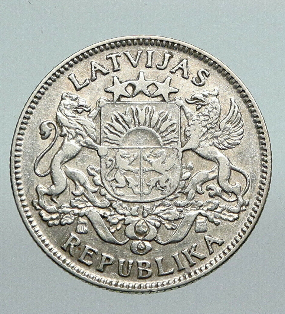 1924 LATVIA Lions & Shield ANTIQUE Vintage OLD Silver European Lats Coin i91288