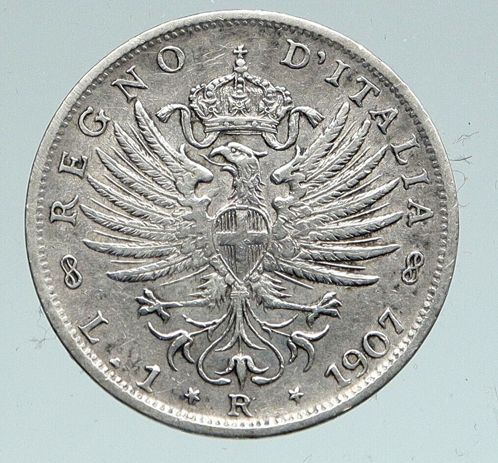 1907 R ITALY King Victor Emmanuel III EAGLE Old Italian Silver Lira Coin i91529