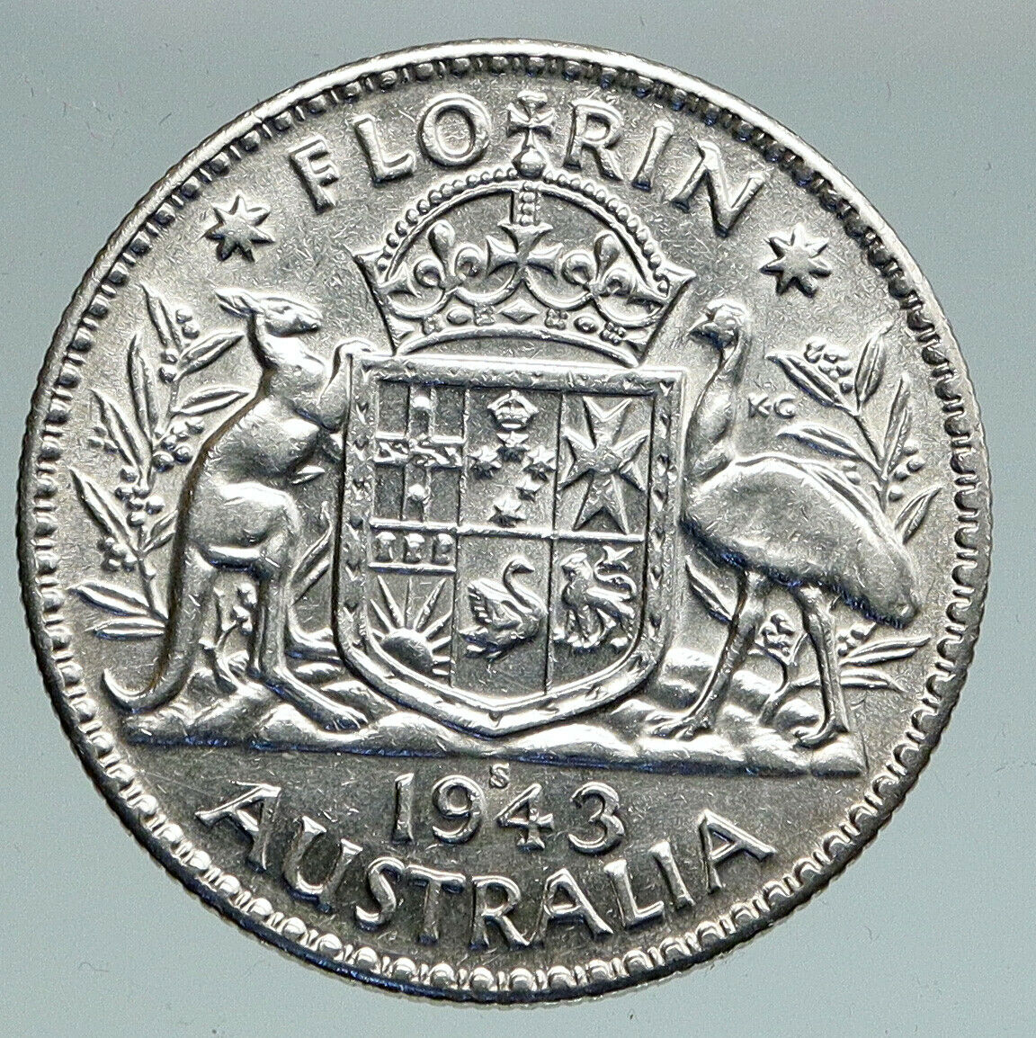 1943S AUSTRALIA Large King George VI Kangaroos Antique Silver Florin Coin i91547