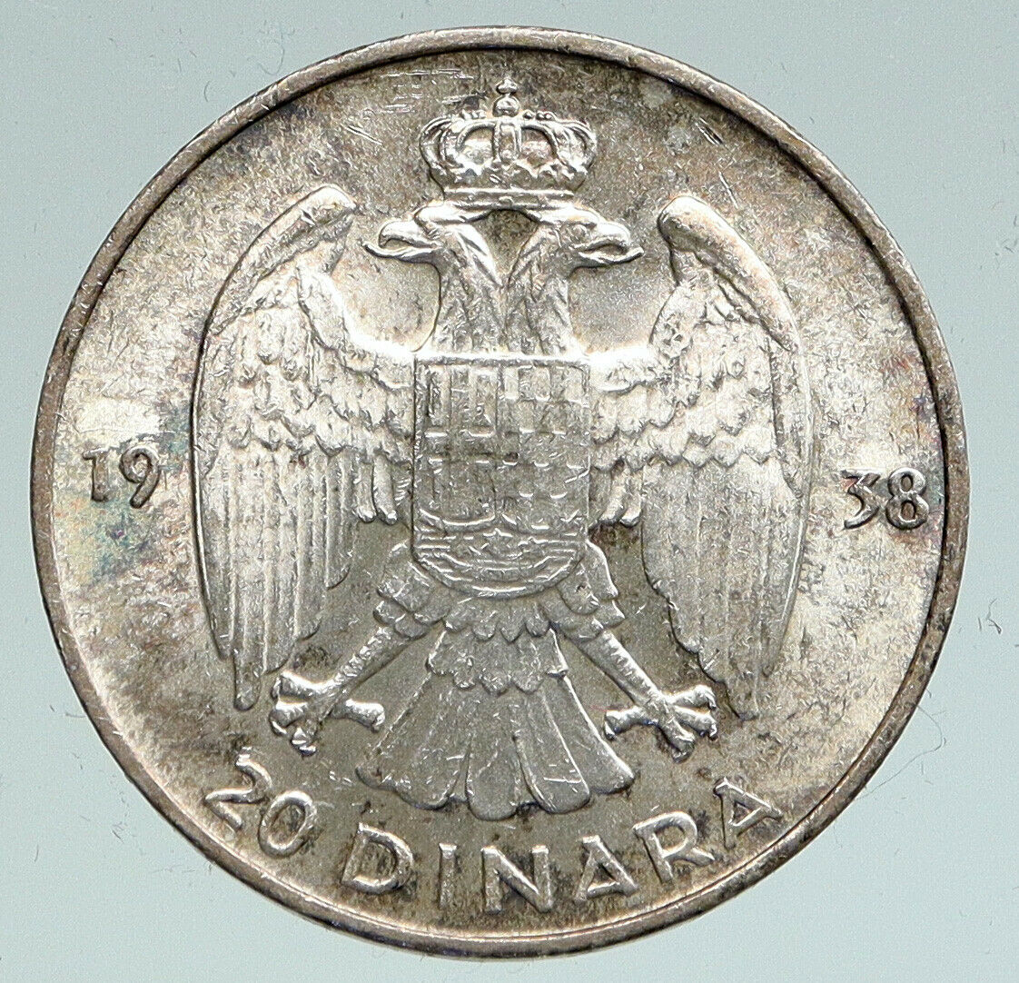 1938 YUGOSLAVIA King Peter II Eagle Antique VINTAGE Silver 20 Dinara Coin i91556