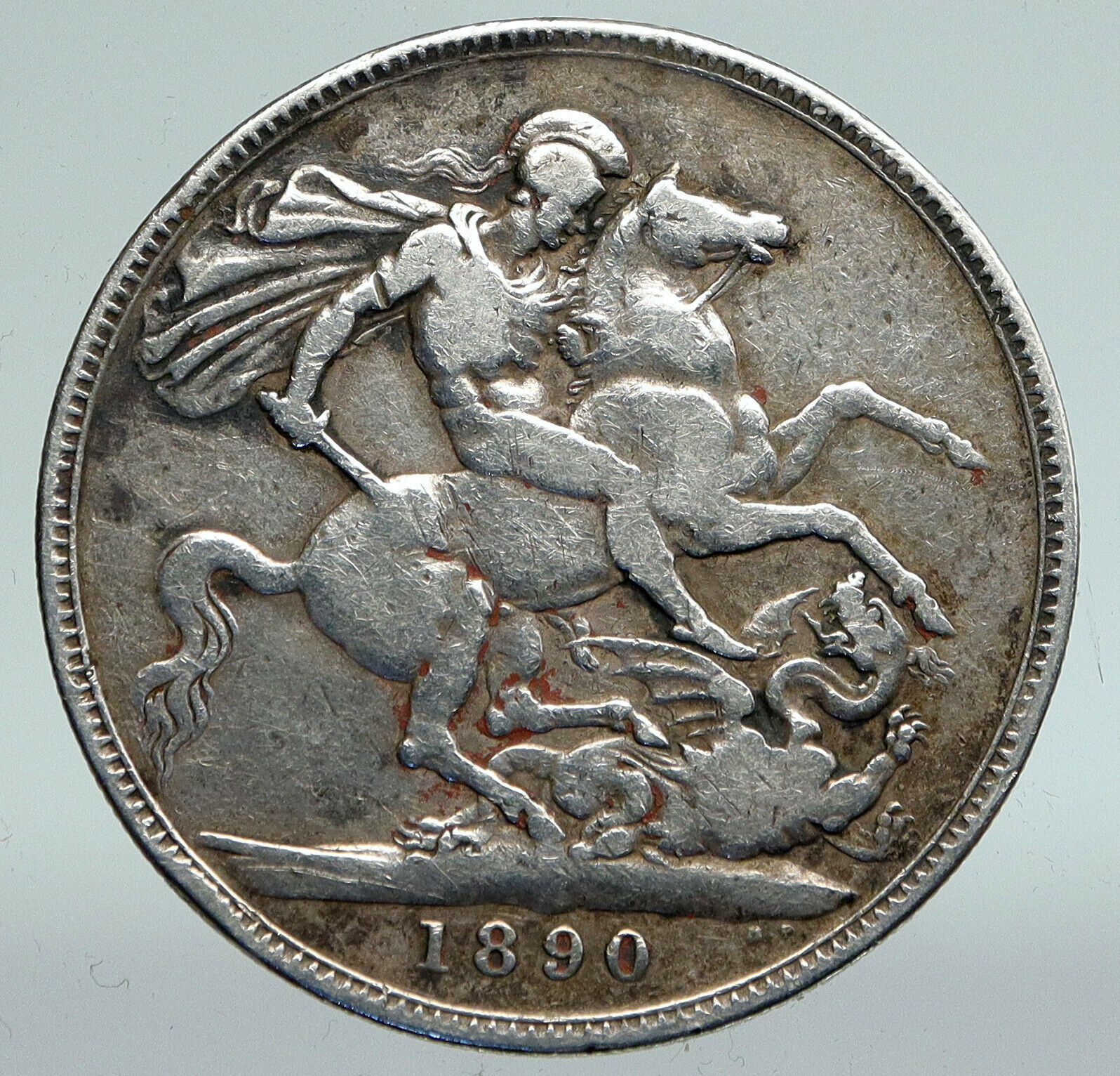 1890 GREAT BRITAIN UK Queen Victoria SAINT GEORGE Horse Silver Crown Coin i91550