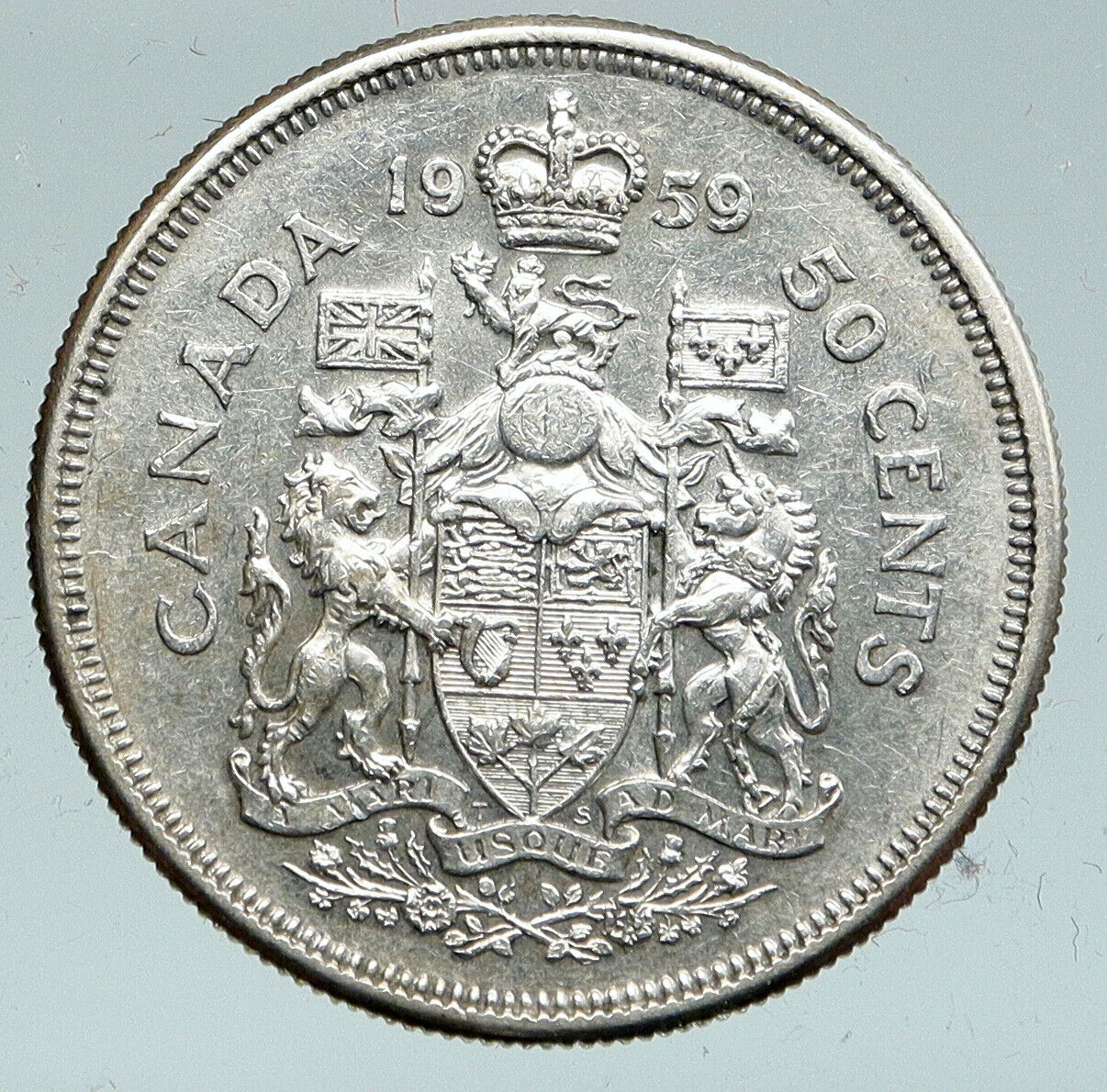 1959 CANADA Queen Elizabeth II Arms Crown VINTAGE SILVER 50 Cents Coin i91532