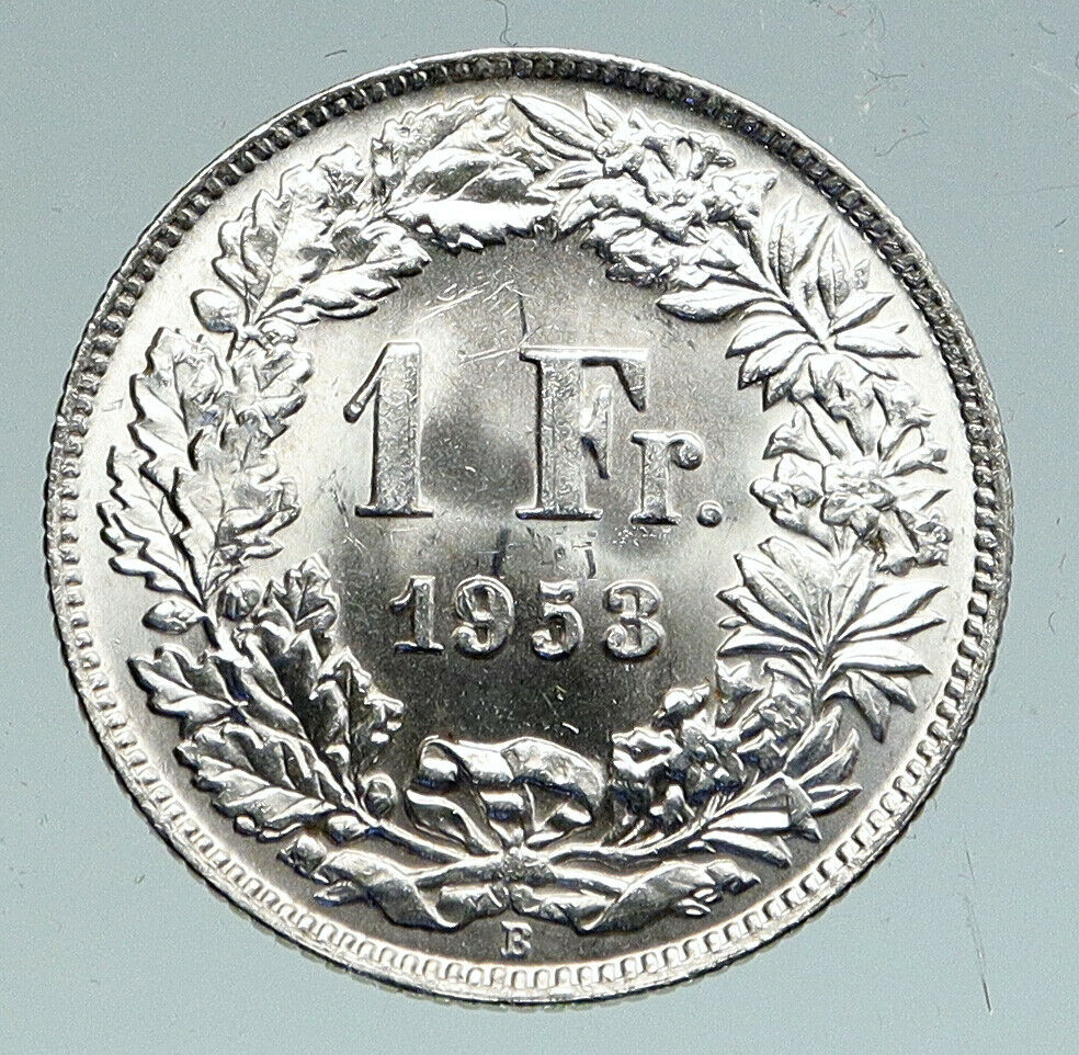 1953 B SWITZERLAND HELVETIA Symbolizes SWISS Nation SILVER 1 Franc Coin i91539