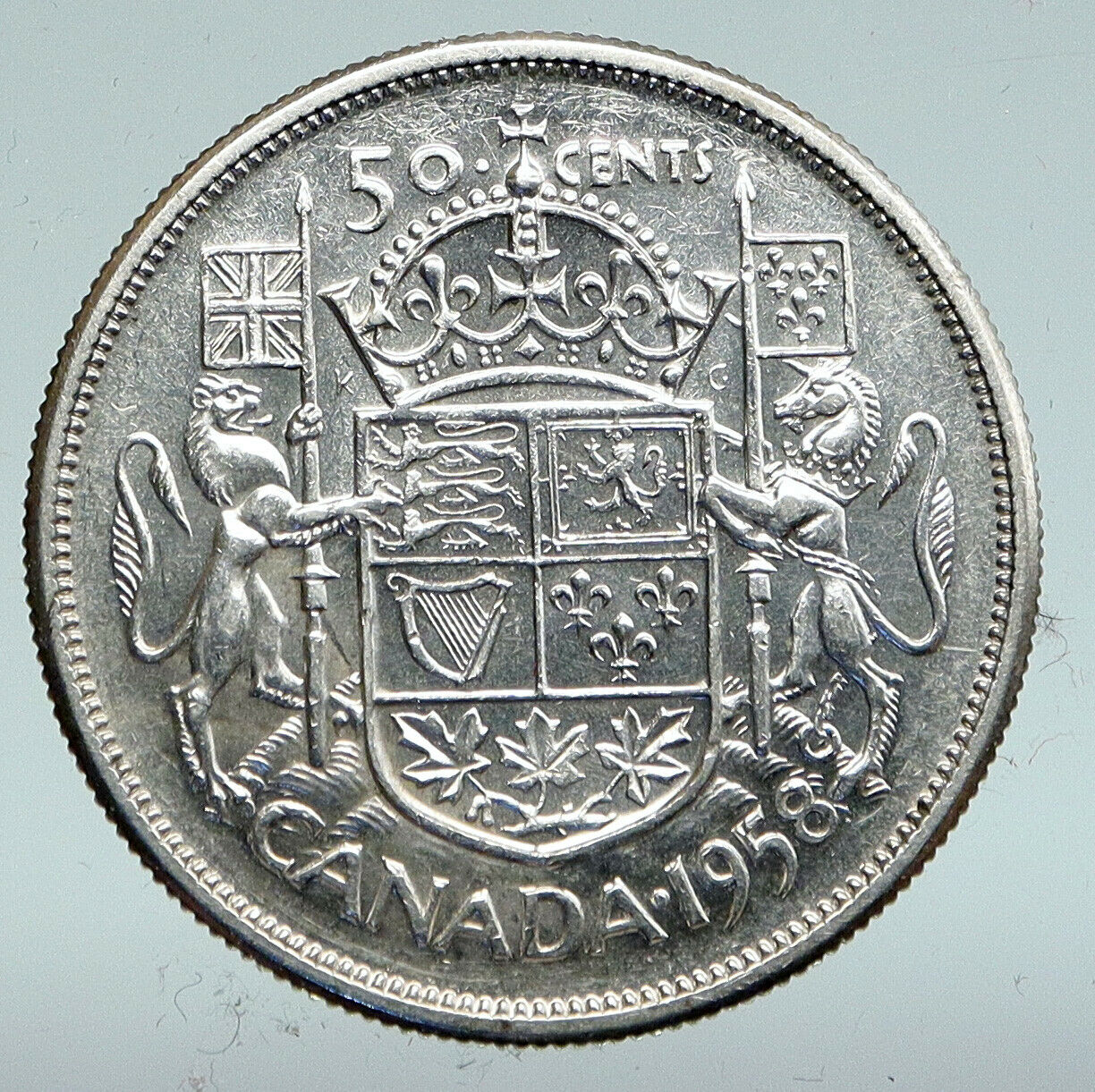 1958 CANADA under Queen Elizabeth II SILVER 50 Cents Canadian Coin Arms i91536