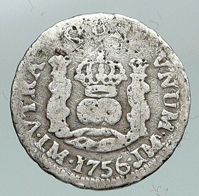 1756 PERU South America Original ANTIQUE Silver Peruvian 1/2 Real Coin i91414