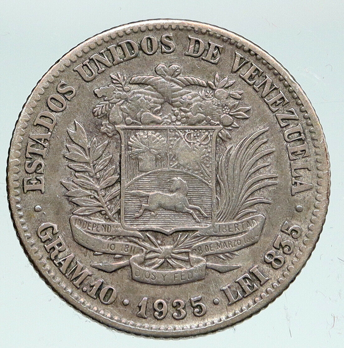 1935 Freemason President Simon Bolivar VENEZUELA Founder 2BLV Silver Coin i91541