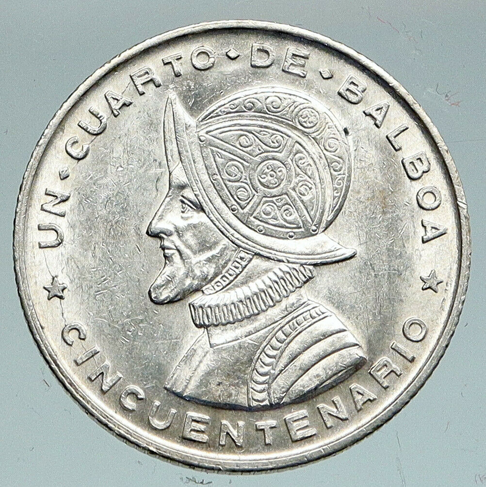 1953 PANAMA Antique VINTAGE Silver Spanish CONQUISTADOR 1/4 Balboa Coin i91535